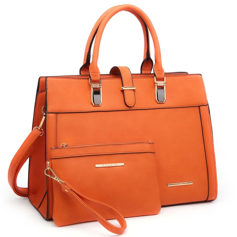 DASEIN Women's Handbag Flap-over Belt Shoulder Bag Top Handle Tote Satchel Purse Work Bag w/Matching Wristlet (Orange) - Image 1
